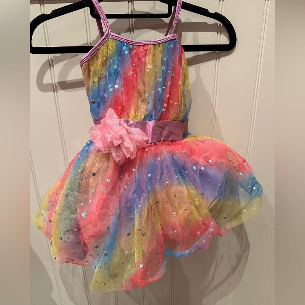 CURTAIN CALL Size Small Child Rainbow Pink Blue & Yellow Sequinned Dance…